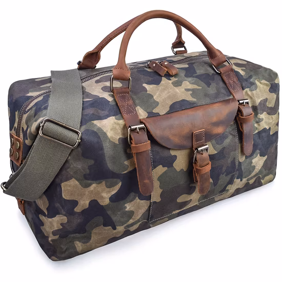 Waterproof Canvas Leather Carryon Hand Bag Men Weekender Overnight Travel Bag with Adjustable Shoulder Strap (RS
